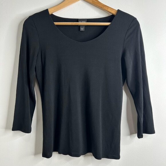 Eileen Fisher Stretchy Silk Top Womens XS Black Scoop Neck 3/4 Sleeve Minimalist - Picture 1 of 8